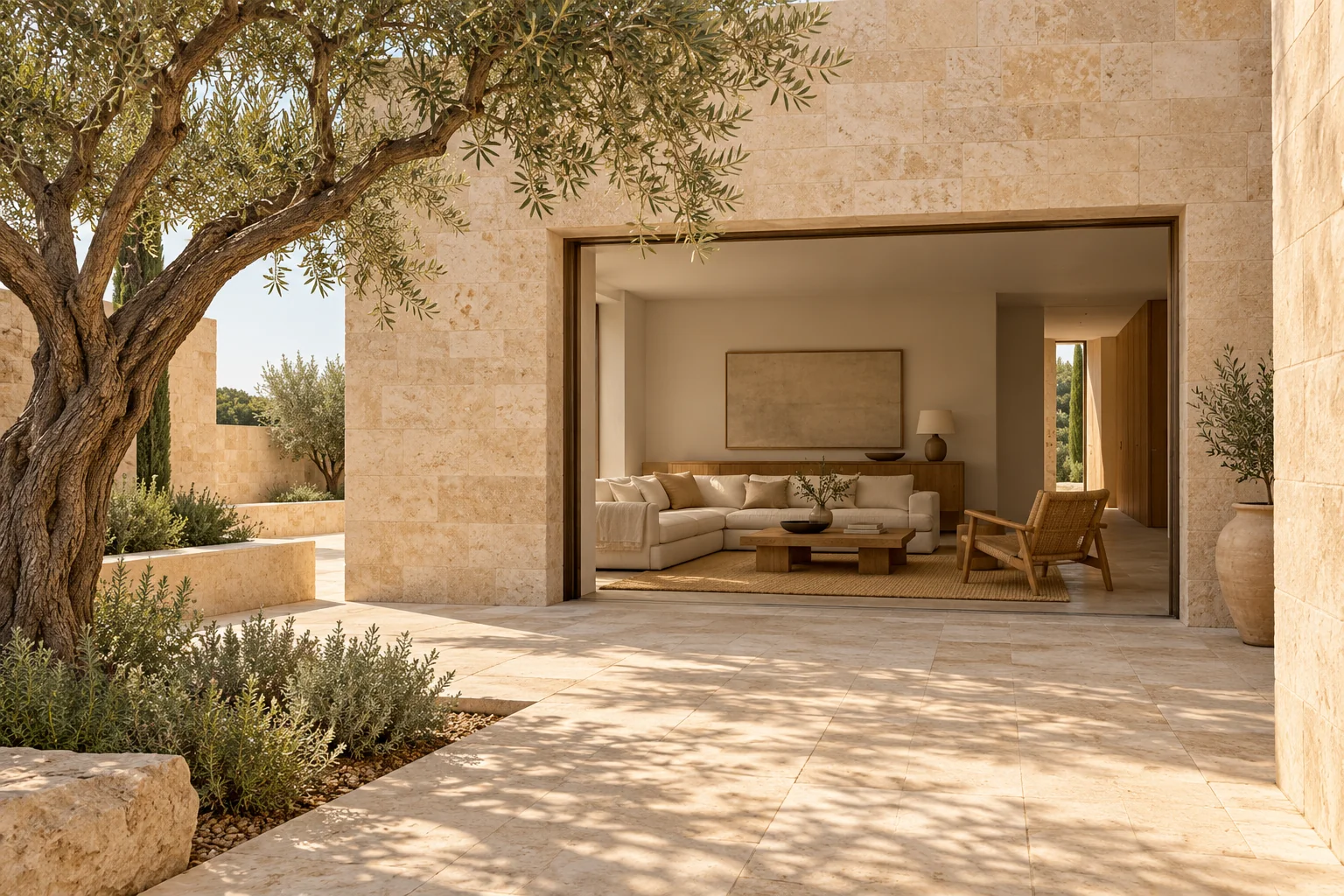 Patio de piedra natural y un salón abierto al exterior. Imagen de ambiente.